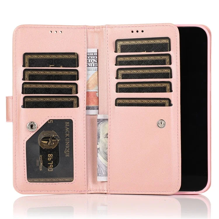 For iPhone 15 Pro PU Leather Cell Phone Case with Strap 9 Card Holder Anti-drop Cover
