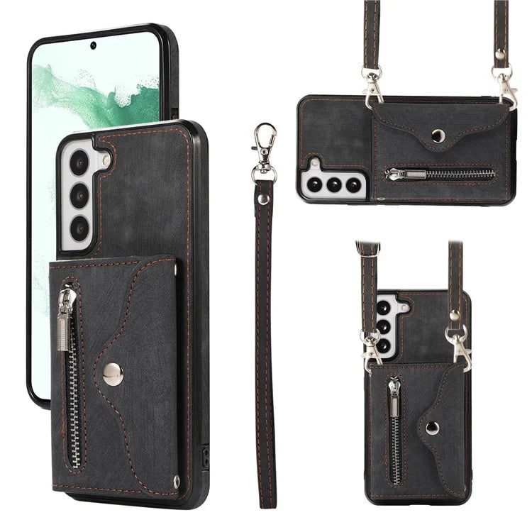 For Samsung Galaxy S21+ 5G Case PU+TPU Card Bag Cell Phone Case with 2 Straps