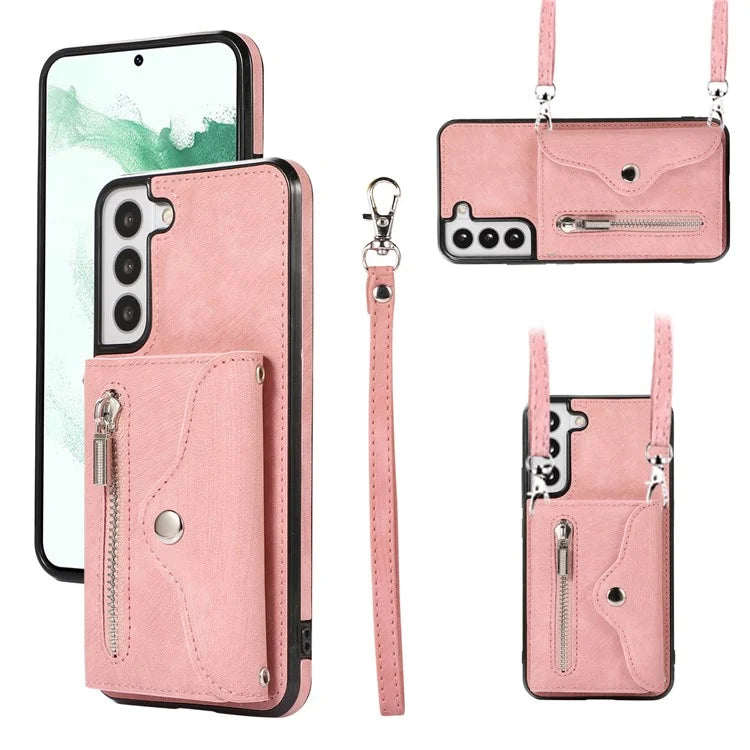 For Samsung Galaxy S21+ 5G Case PU+TPU Card Bag Cell Phone Case with 2 Straps