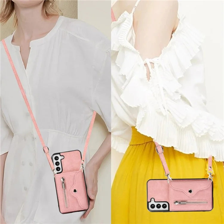 For Samsung Galaxy S21+ 5G Case PU+TPU Card Bag Cell Phone Case with 2 Straps
