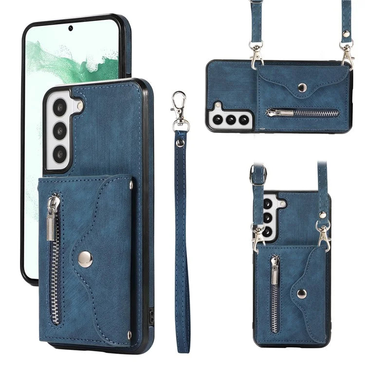 For Samsung Galaxy S21+ 5G Case PU+TPU Card Bag Cell Phone Case with 2 Straps