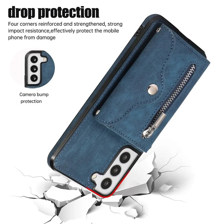 For Samsung Galaxy S21+ 5G Case PU+TPU Card Bag Cell Phone Case with 2 Straps