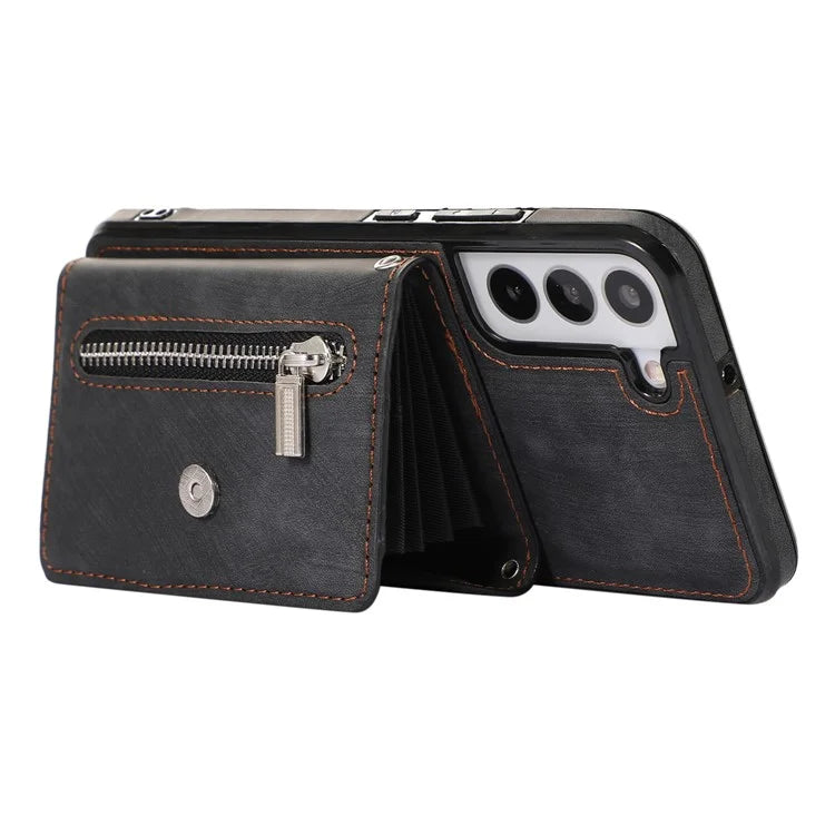 For Samsung Galaxy S21 5G Shockproof Case PU+TPU Card Bag Cell Phone Case with 2 Straps