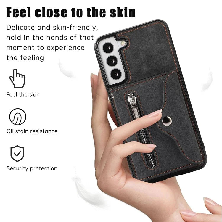 For Samsung Galaxy S21 5G Shockproof Case PU+TPU Card Bag Cell Phone Case with 2 Straps