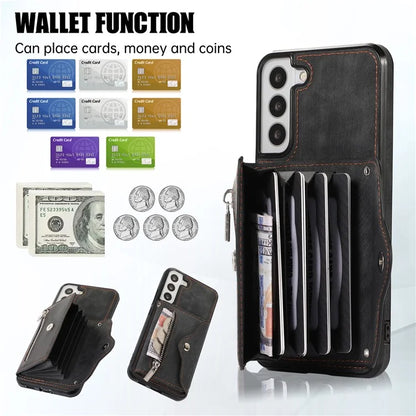 For Samsung Galaxy S21 5G Shockproof Case PU+TPU Card Bag Cell Phone Case with 2 Straps