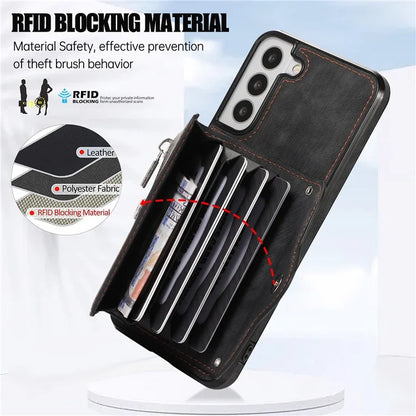 For Samsung Galaxy S21 5G Shockproof Case PU+TPU Card Bag Cell Phone Case with 2 Straps