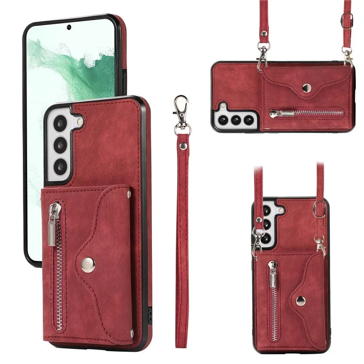 For Samsung Galaxy S21 5G Shockproof Case PU+TPU Card Bag Cell Phone Case with 2 Straps