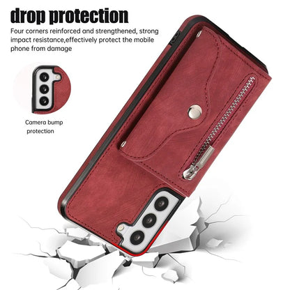 For Samsung Galaxy S21 5G Shockproof Case PU+TPU Card Bag Cell Phone Case with 2 Straps