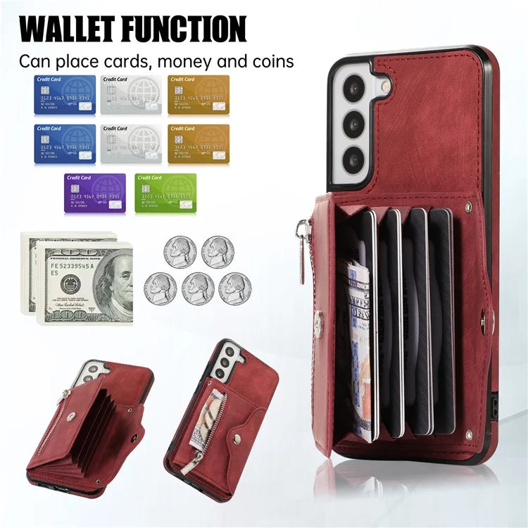 For Samsung Galaxy S21 5G Shockproof Case PU+TPU Card Bag Cell Phone Case with 2 Straps