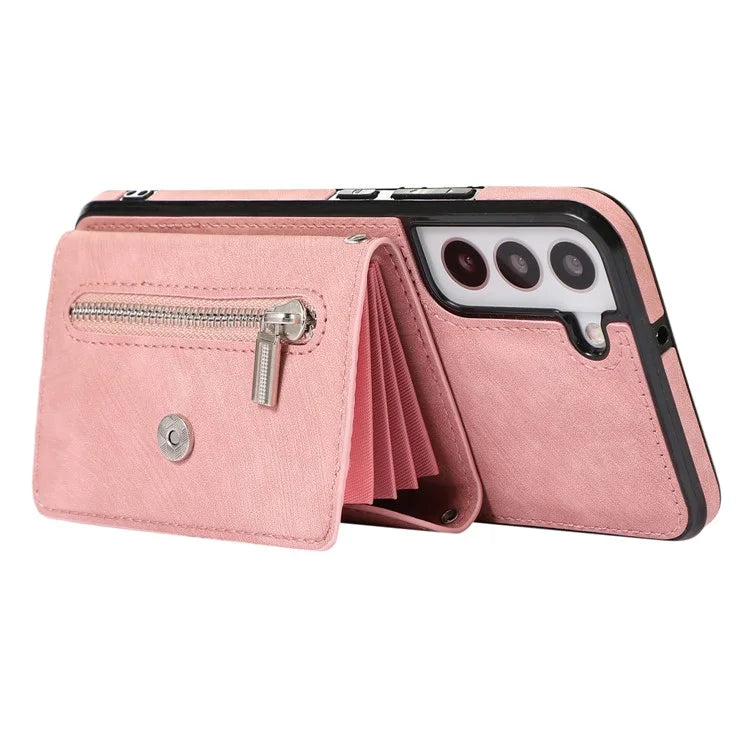 For Samsung Galaxy S21 5G Shockproof Case PU+TPU Card Bag Cell Phone Case with 2 Straps