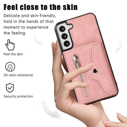 For Samsung Galaxy S21 5G Shockproof Case PU+TPU Card Bag Cell Phone Case with 2 Straps