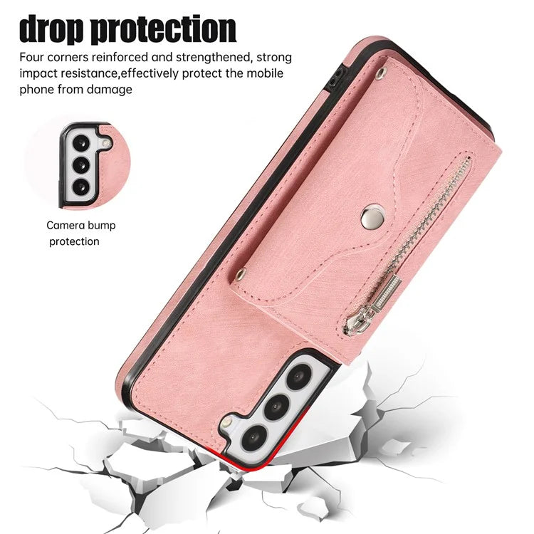 For Samsung Galaxy S21 5G Shockproof Case PU+TPU Card Bag Cell Phone Case with 2 Straps