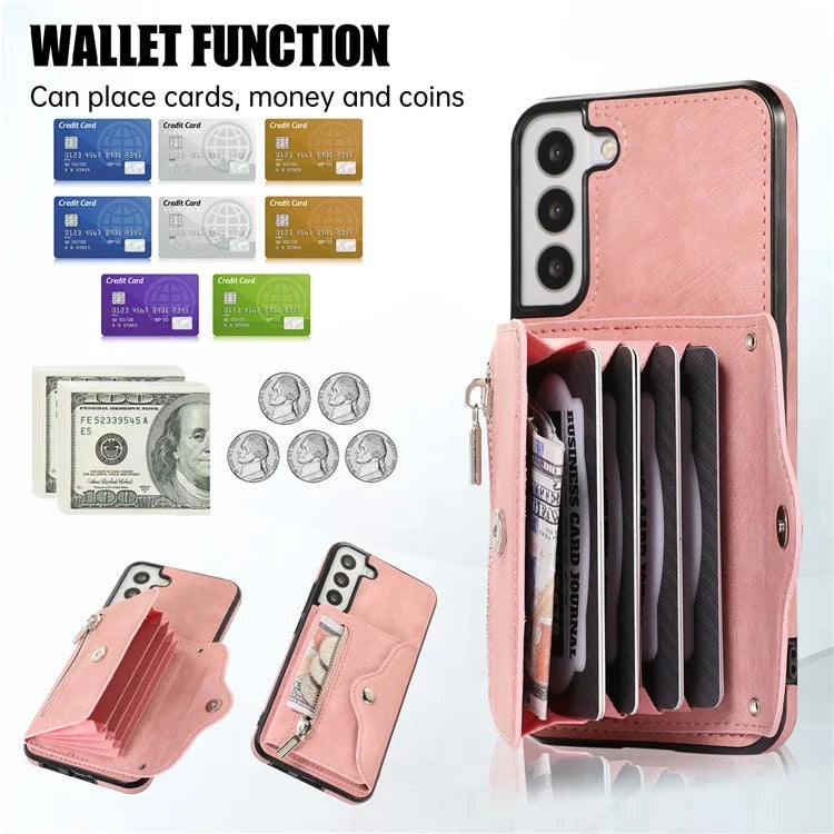 For Samsung Galaxy S21 5G Shockproof Case PU+TPU Card Bag Cell Phone Case with 2 Straps