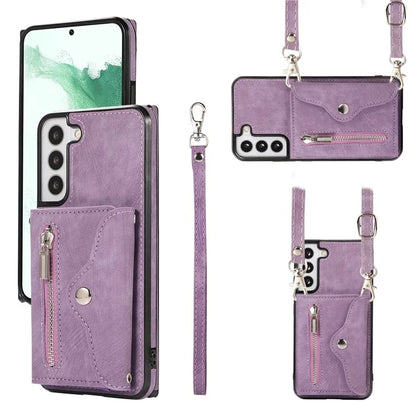 For Samsung Galaxy S21 5G Shockproof Case PU+TPU Card Bag Cell Phone Case with 2 Straps