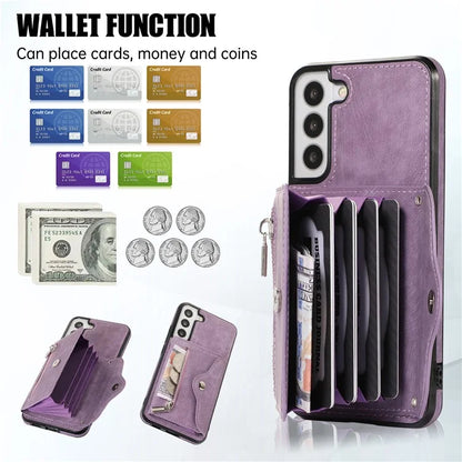 For Samsung Galaxy S21 5G Shockproof Case PU+TPU Card Bag Cell Phone Case with 2 Straps