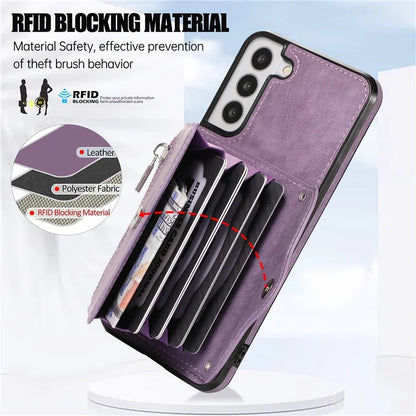 For Samsung Galaxy S21 5G Shockproof Case PU+TPU Card Bag Cell Phone Case with 2 Straps