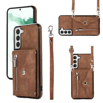 For Samsung Galaxy S21 5G Shockproof Case PU+TPU Card Bag Cell Phone Case with 2 Straps