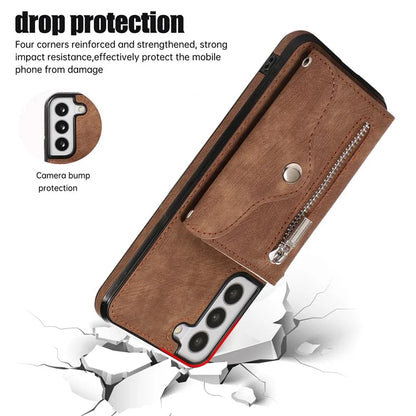 For Samsung Galaxy S21 5G Shockproof Case PU+TPU Card Bag Cell Phone Case with 2 Straps