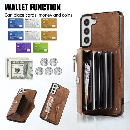 For Samsung Galaxy S21 5G Shockproof Case PU+TPU Card Bag Cell Phone Case with 2 Straps