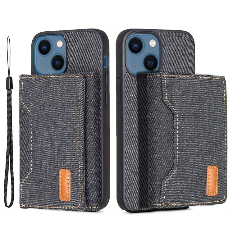 For iPhone 15 Plus Split-Design Wallet Case Jeans Cloth Phone Cover