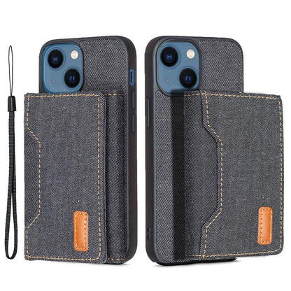 For iPhone 15 Plus Split-Design Wallet Case Jeans Cloth Phone Cover