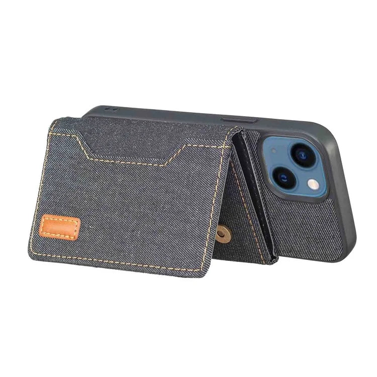 For iPhone 15 Plus Split-Design Wallet Case Jeans Cloth Phone Cover
