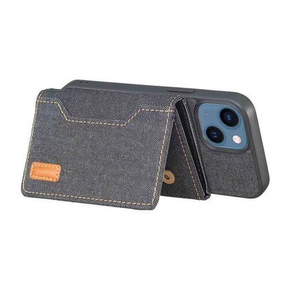For iPhone 15 Plus Split-Design Wallet Case Jeans Cloth Phone Cover