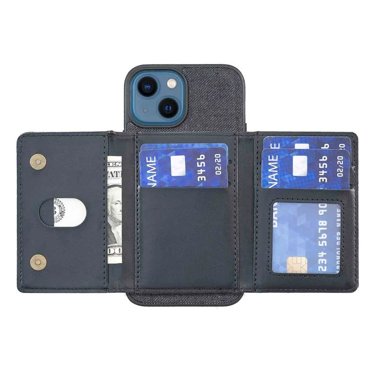 For iPhone 15 Plus Split-Design Wallet Case Jeans Cloth Phone Cover