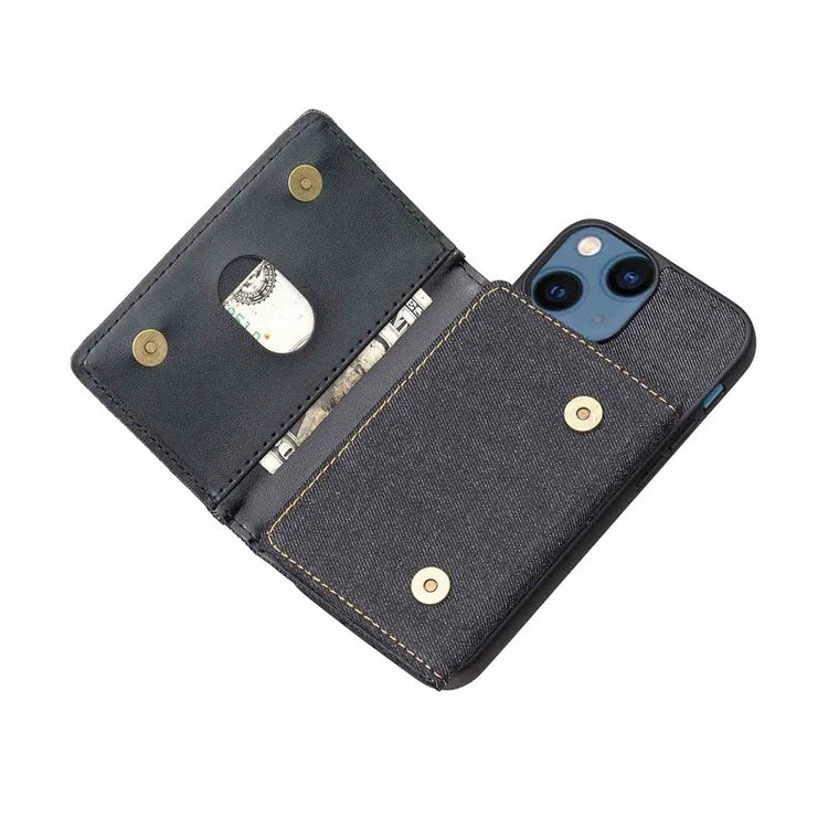 For iPhone 15 Plus Split-Design Wallet Case Jeans Cloth Phone Cover