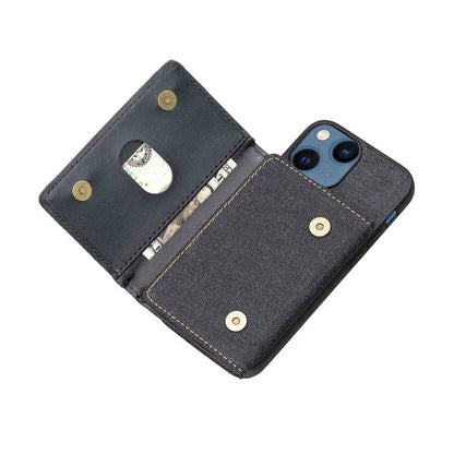 For iPhone 15 Plus Split-Design Wallet Case Jeans Cloth Phone Cover