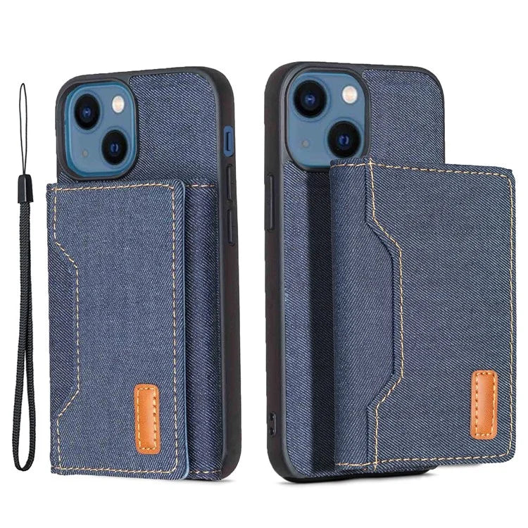 For iPhone 15 Plus Split-Design Wallet Case Jeans Cloth Phone Cover