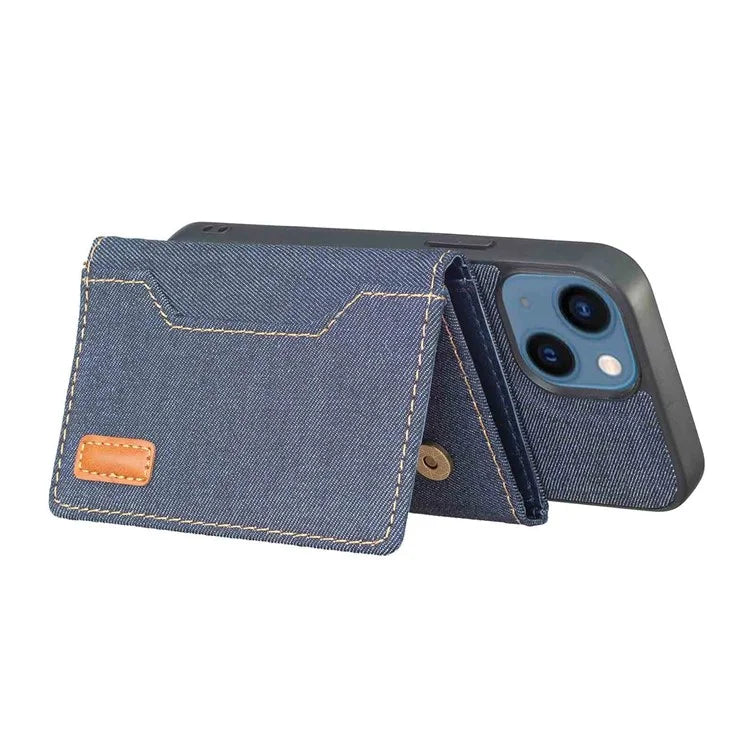 For iPhone 15 Plus Split-Design Wallet Case Jeans Cloth Phone Cover