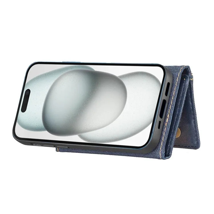 For iPhone 15 Plus Split-Design Wallet Case Jeans Cloth Phone Cover