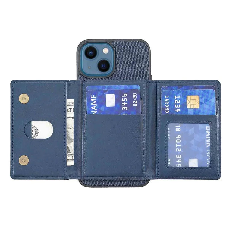 For iPhone 15 Plus Split-Design Wallet Case Jeans Cloth Phone Cover