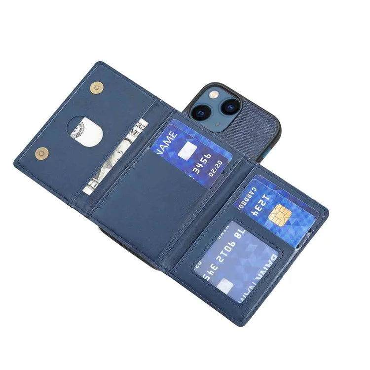 For iPhone 15 Plus Split-Design Wallet Case Jeans Cloth Phone Cover