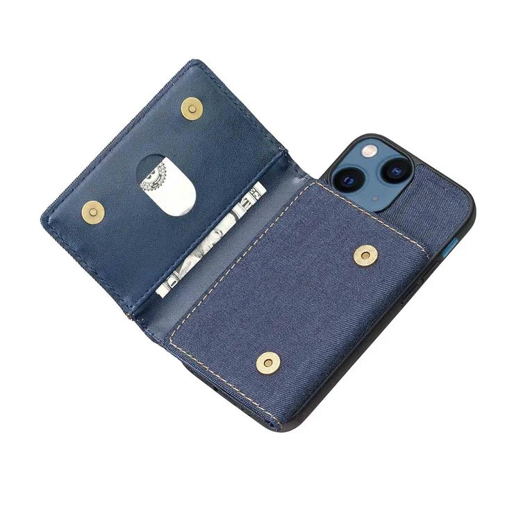 For iPhone 15 Plus Split-Design Wallet Case Jeans Cloth Phone Cover