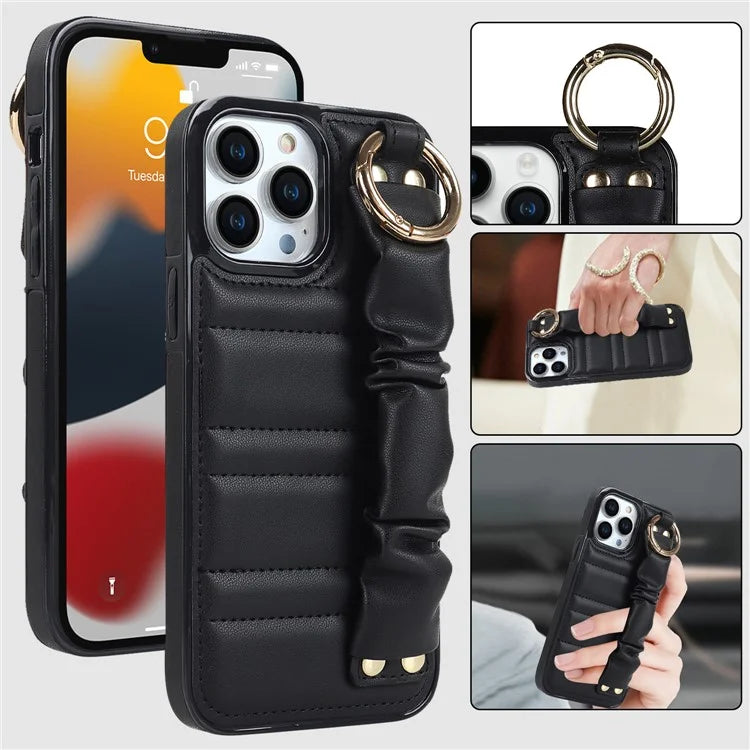 For iPhone 13 Pro Cell Phone Case Pleated Wristband PU Leather Coated TPU Cover