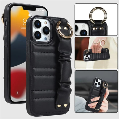 For iPhone 13 Pro Cell Phone Case Pleated Wristband PU Leather Coated TPU Cover