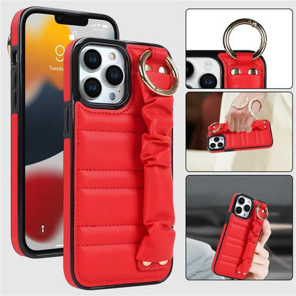 For iPhone 13 Pro Cell Phone Case Pleated Wristband PU Leather Coated TPU Cover