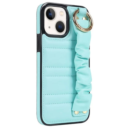 For iPhone 13 Scratch Proof Cell Phone Case Pleated Wristband PU Leather+TPU Cover