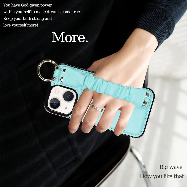 For iPhone 13 Scratch Proof Cell Phone Case Pleated Wristband PU Leather+TPU Cover