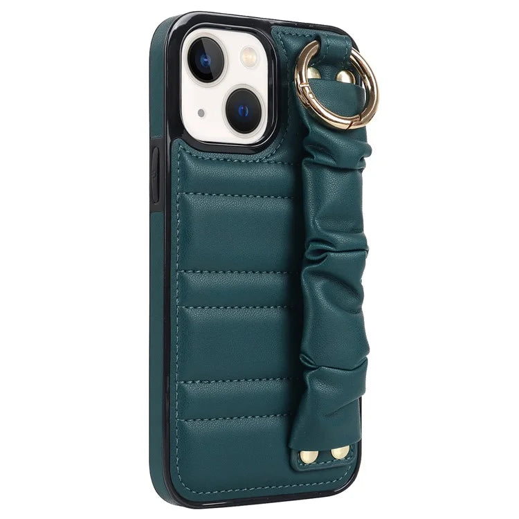 For iPhone 13 Scratch Proof Cell Phone Case Pleated Wristband PU Leather+TPU Cover