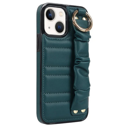 For iPhone 13 Scratch Proof Cell Phone Case Pleated Wristband PU Leather+TPU Cover