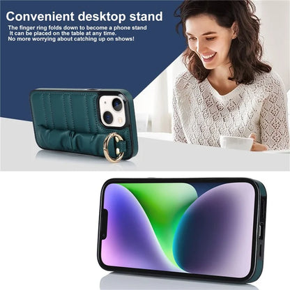 For iPhone 13 Scratch Proof Cell Phone Case Pleated Wristband PU Leather+TPU Cover