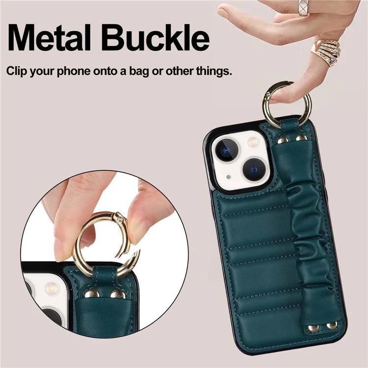 For iPhone 13 Scratch Proof Cell Phone Case Pleated Wristband PU Leather+TPU Cover