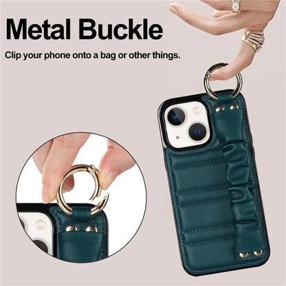 For iPhone 13 Scratch Proof Cell Phone Case Pleated Wristband PU Leather+TPU Cover