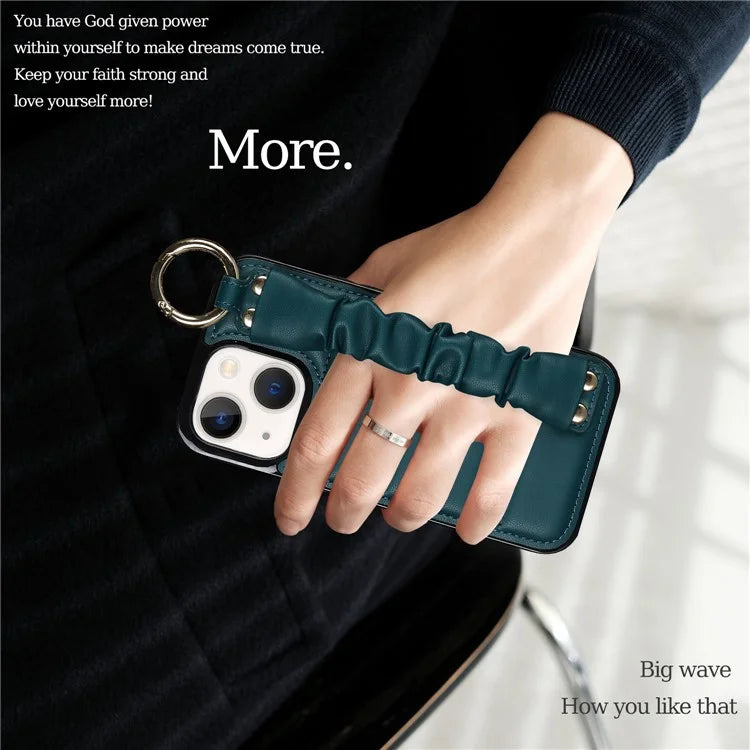 For iPhone 13 Scratch Proof Cell Phone Case Pleated Wristband PU Leather+TPU Cover
