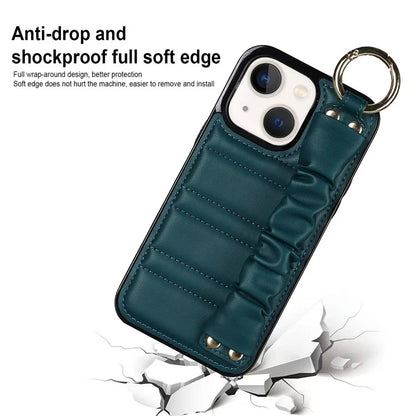 For iPhone 13 Scratch Proof Cell Phone Case Pleated Wristband PU Leather+TPU Cover