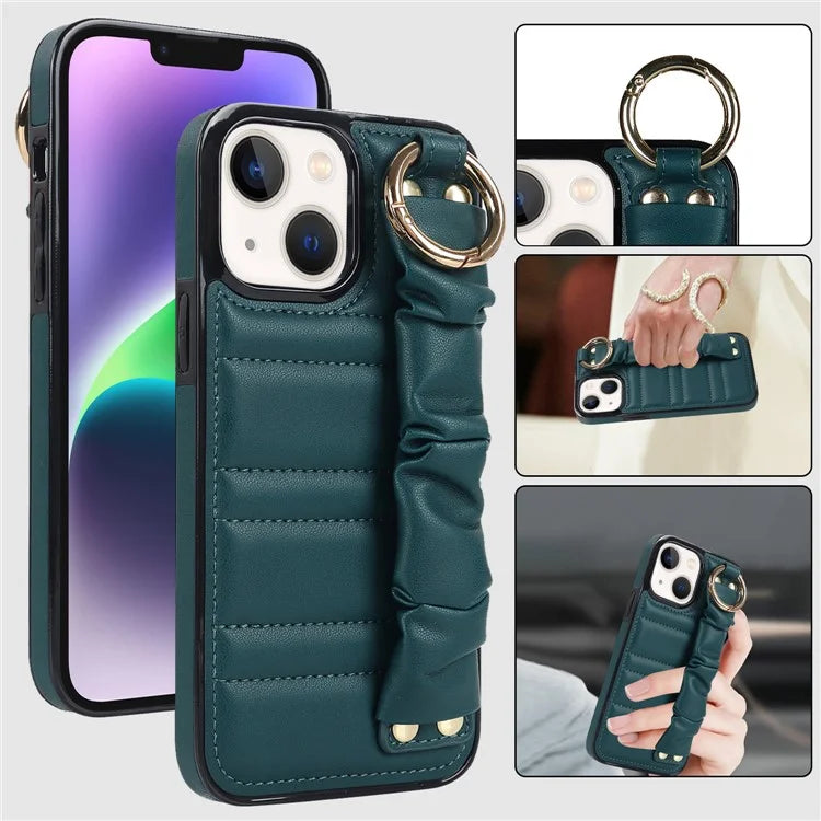 For iPhone 13 Scratch Proof Cell Phone Case Pleated Wristband PU Leather+TPU Cover