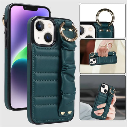 For iPhone 13 Scratch Proof Cell Phone Case Pleated Wristband PU Leather+TPU Cover
